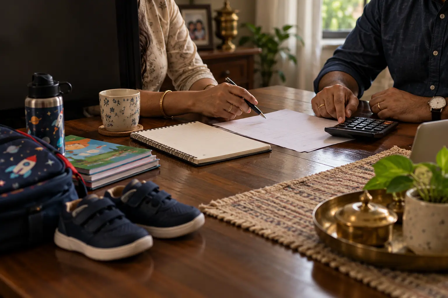Parents planning a child’s expenses at a dining table with school books, shoes and a calculator