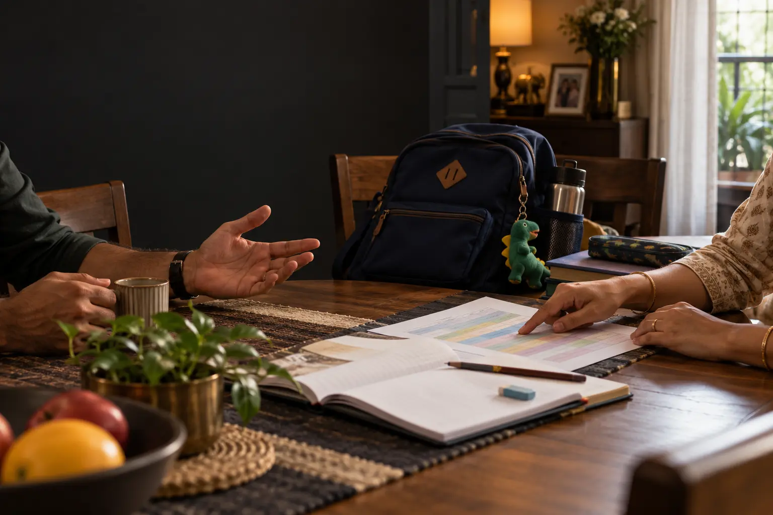 Two parents discussing a school timetable beside a child’s backpack and exercise book at home