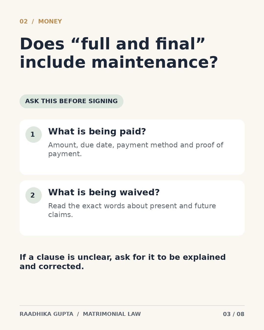 Illustrated checklist asking whether full and final divorce settlement wording includes maintenance and future claims