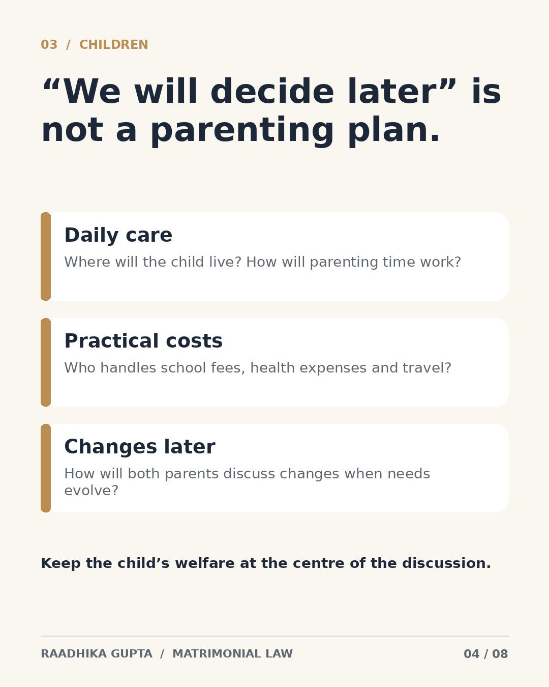 Illustrated parenting plan checklist about daily care, expenses and future changes after divorce