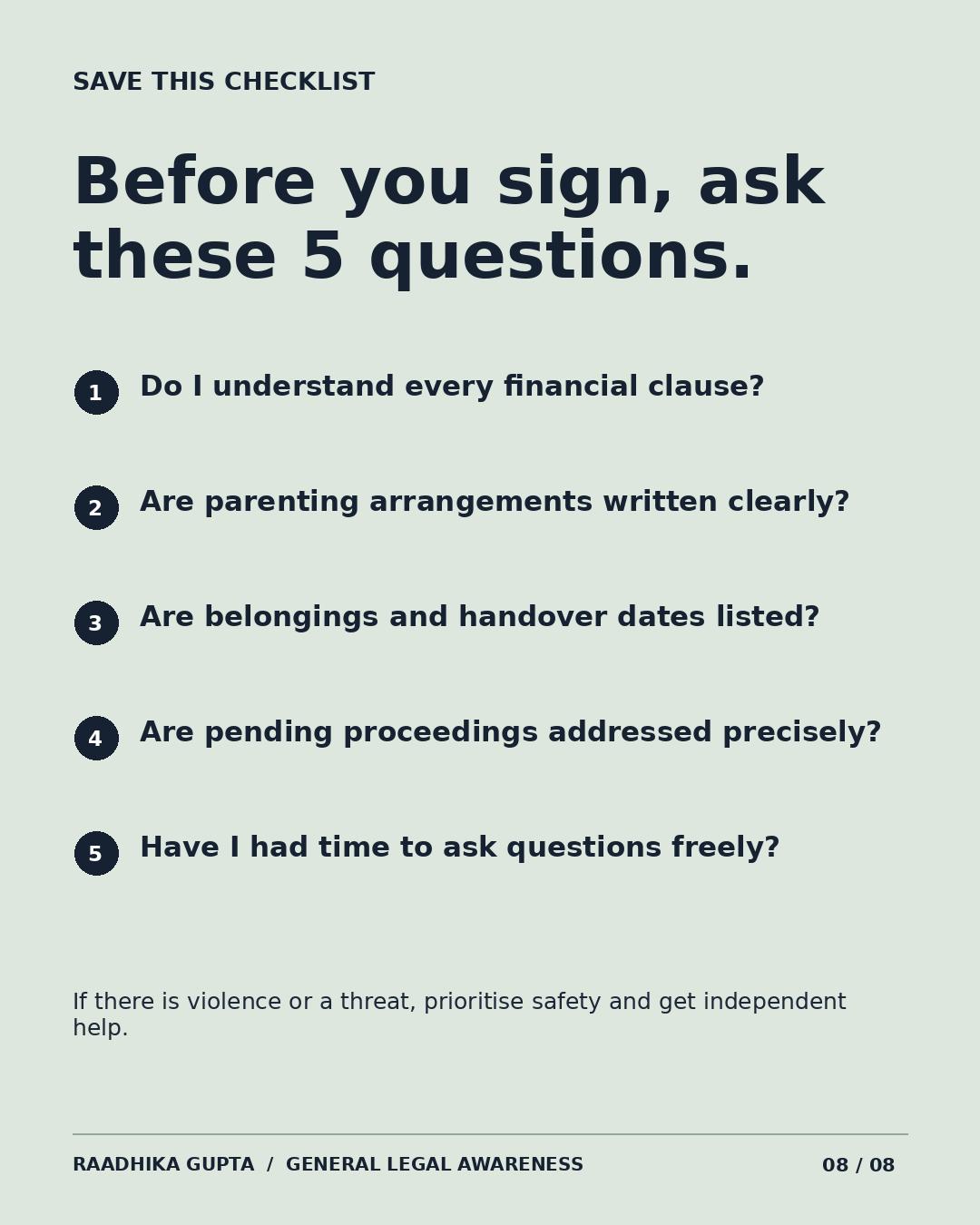Five questions to ask before signing a divorce settlement, presented as a checklist