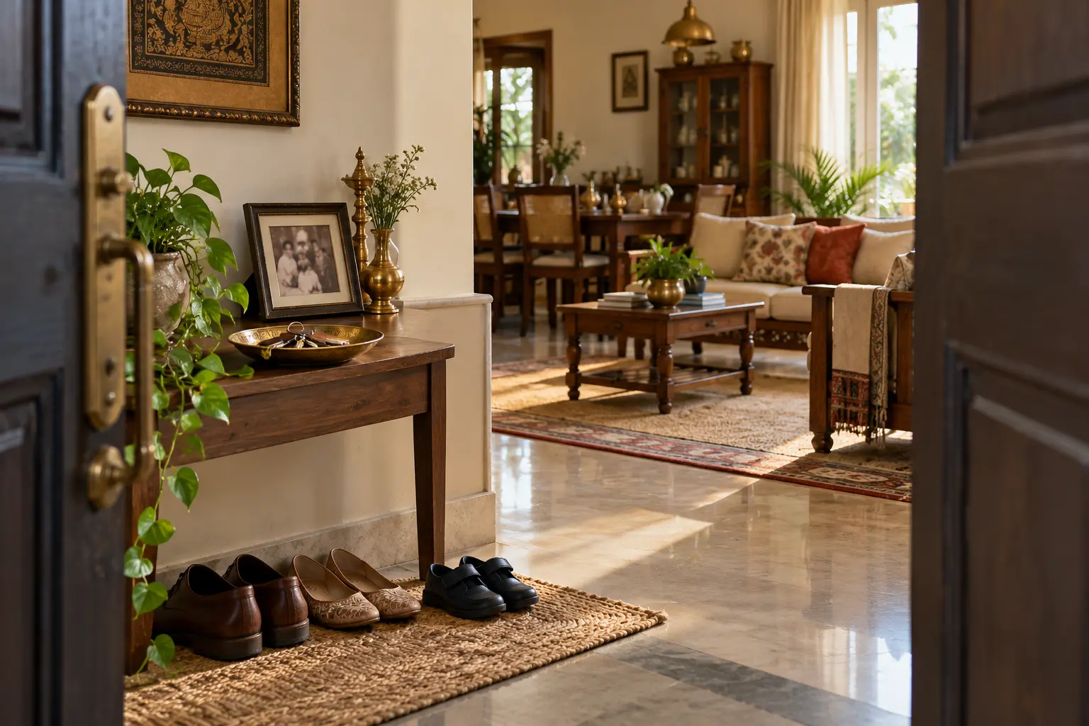 Open doorway to a multigenerational family home with adult and child shoes by the entrance